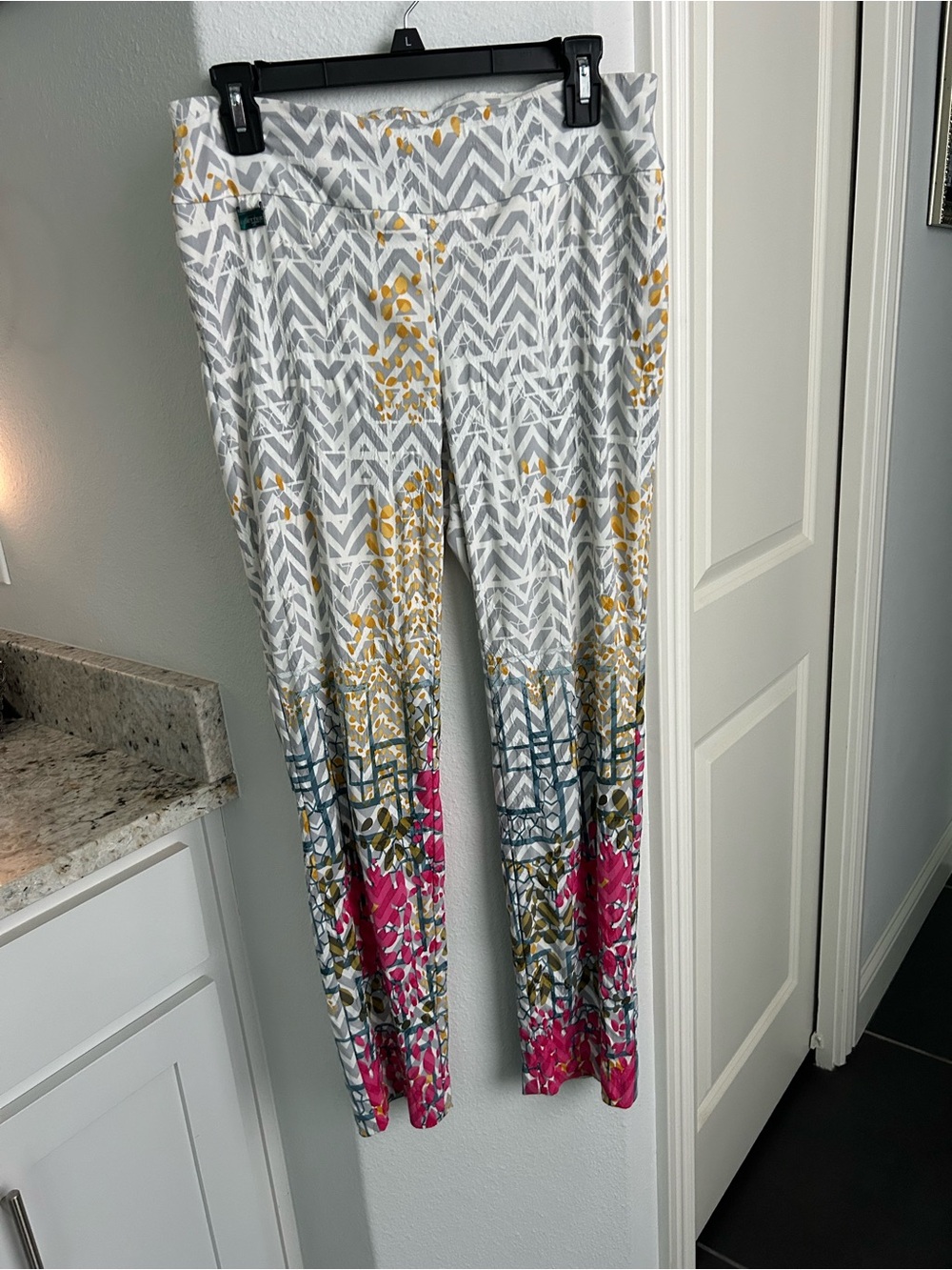 Lisette Gray & White Chevron Palazzo Pants with Yellow and Pink Floral Border